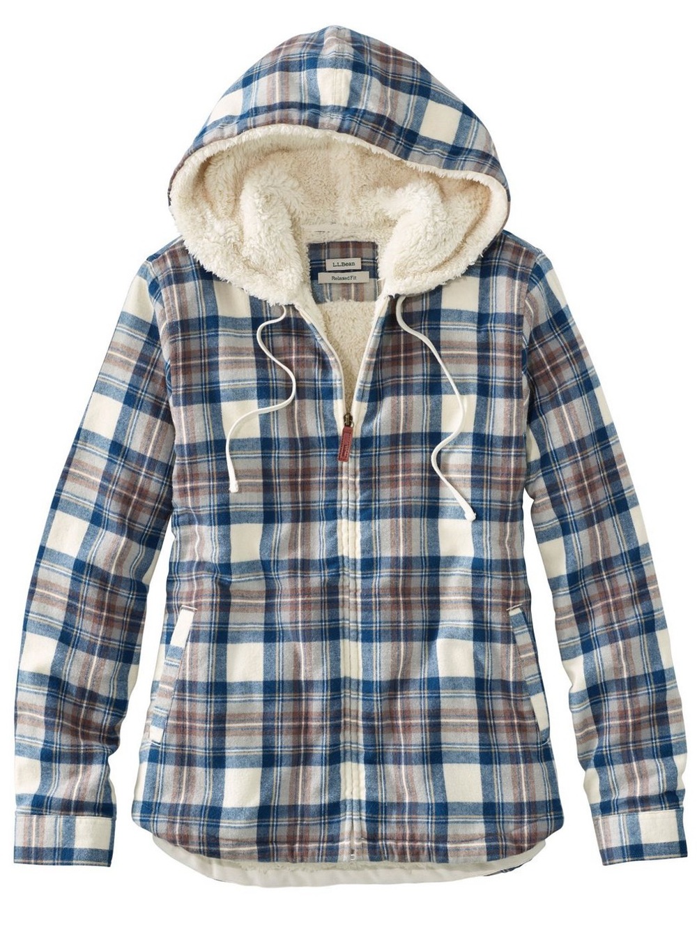 LLBean Women's Scotch Plaid Flannel Shirt, Sherpa-Lined Zip Hoodie size M